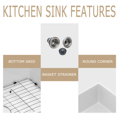 Kichae 33'' x 18'' Reversible White Fireclay Farmhouse Kitchen Sink, Single Bowl Apron Front Sink with Basin Rack & Drain Assembly