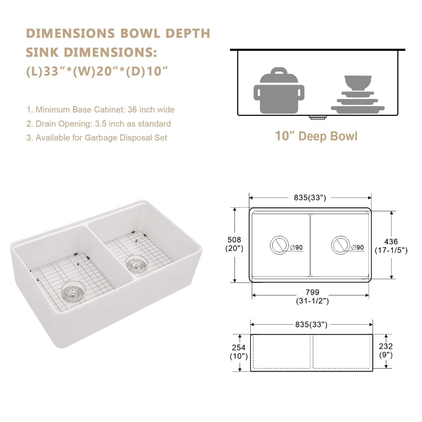 Kichae Workstation Double Bowl Kitchen Sink 33 Inch White Farmhouse Sink