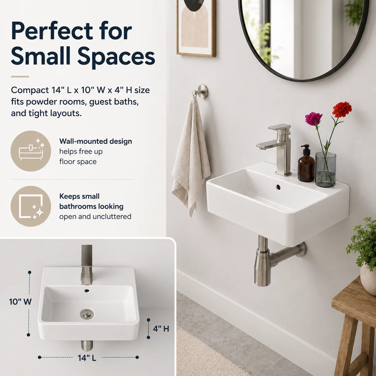 Kichae 14'' x10'' White Wall Mount Floating Vessel Sink Rectangular Ceramic Bathroom Vanity Sink with Faucet Hole