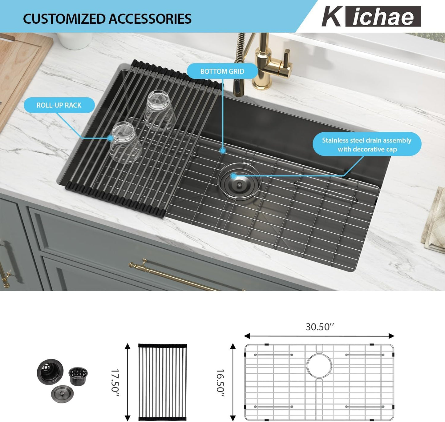 Kichae 33 Black Undermount Kitchen Sink - 33 inch Undermount Sink 16 Gauge Gunmetal Black Stainless Steel Deep Handmade Single Bowl Sink Basin Round Corner