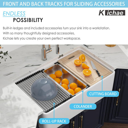 Kichae 33 Inch White Farmhouse Sink Workstation Apron Front Sink Farm Kitchen Sink with Slide Ledge Fireclay Ceramic Porcelain Single Bowl Farmer Kitchen Sink Basin with Accessories