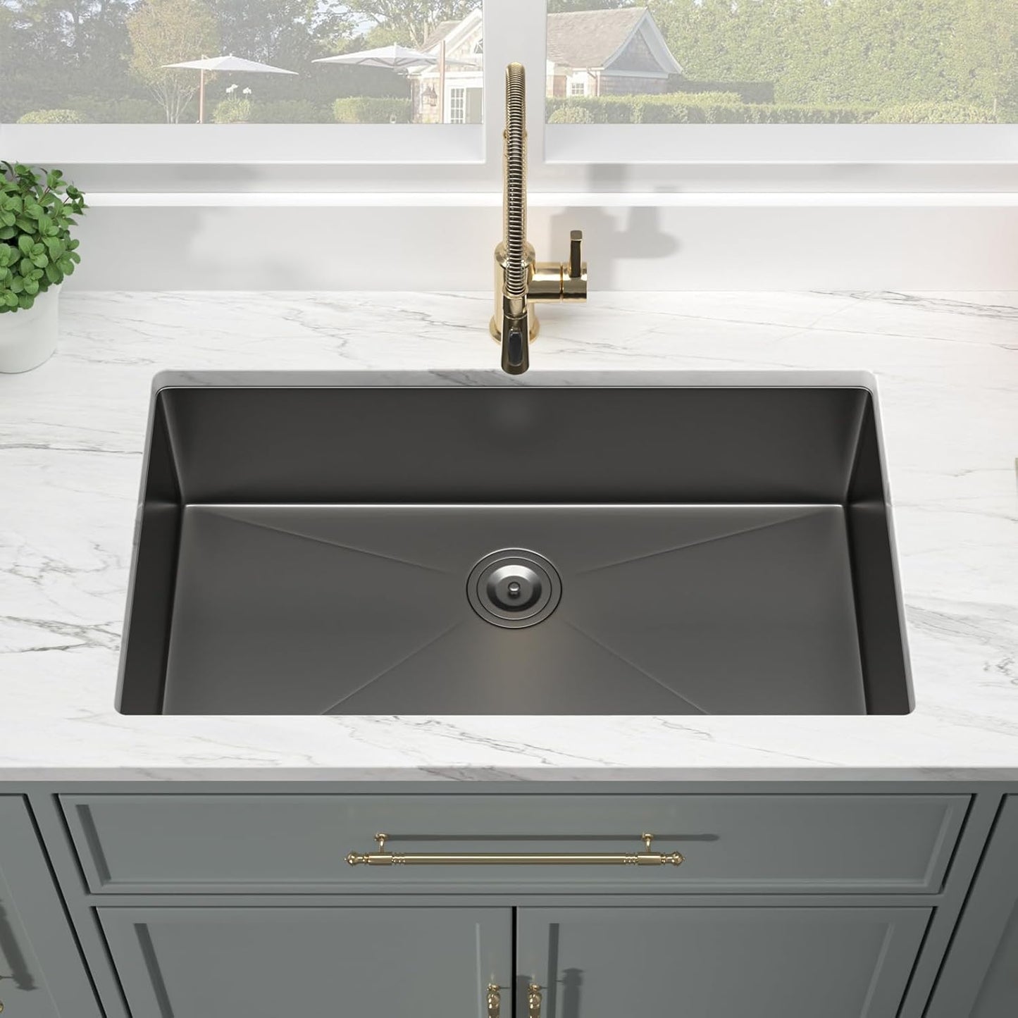 Kichae 33 Black Undermount Kitchen Sink - 33 inch Undermount Sink 16 Gauge Gunmetal Black Stainless Steel Deep Handmade Single Bowl Sink Basin Round Corner