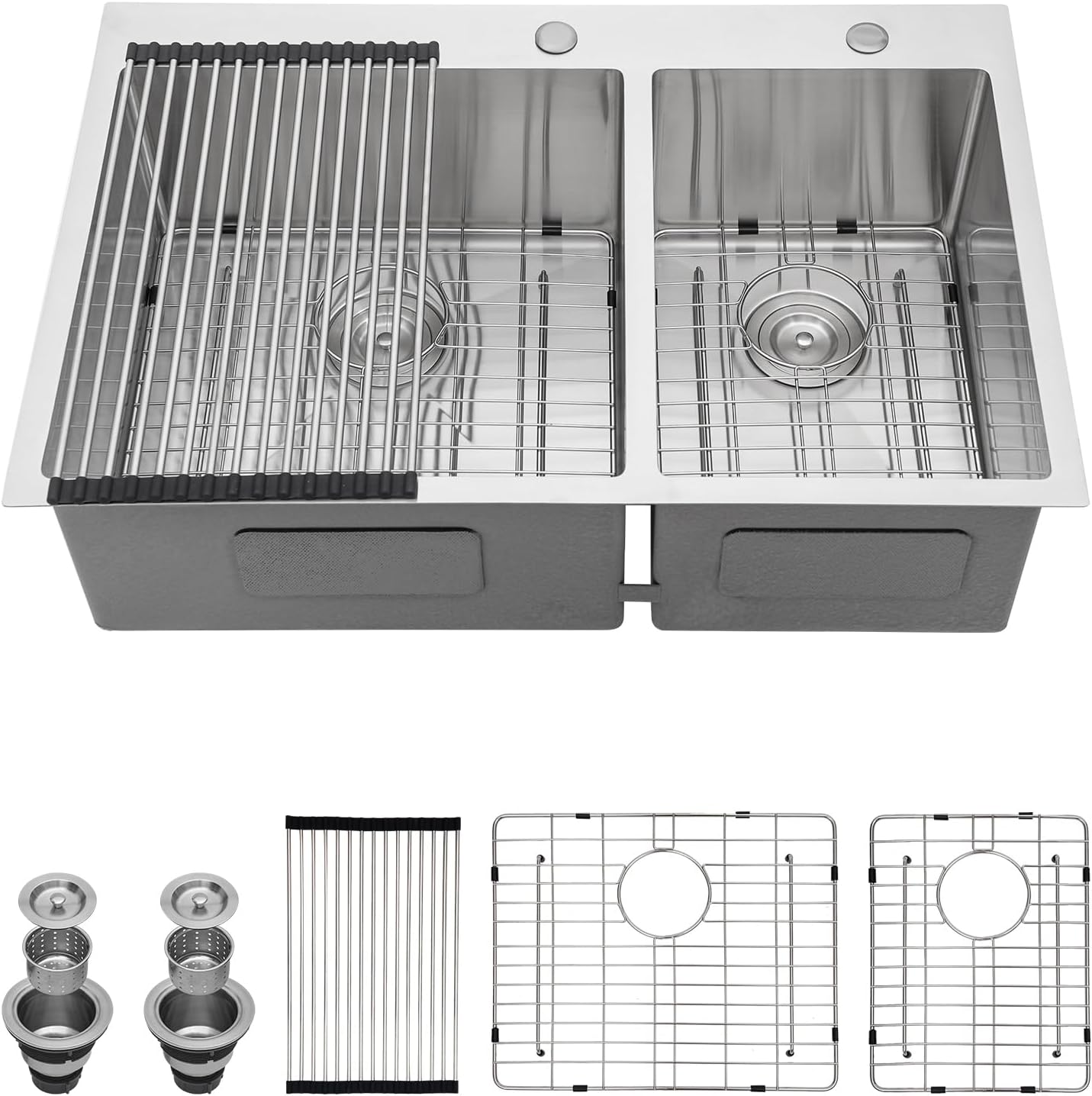 Kichae 33 Kitchen Sink Drop In - 33 Inch Double Bowl Kitchen Sink 60/40 Stainless Steel Drop In Top Mount Overmount Kitchen Sink Handmade Basin