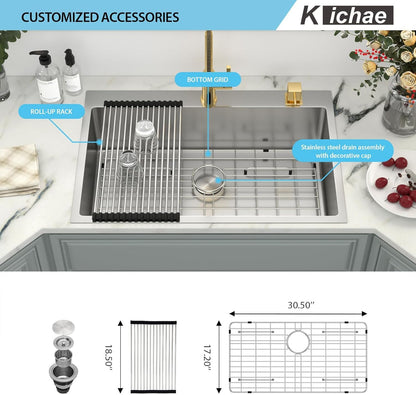 Kichae 30 Inch Drop In Kitchen Sink - Stainless Steel Kitchen Sinks 30x22x9 Inch Topmount Overmount Single Bowl Handmade Basin With Rack & Stainless Steel Sink Grid