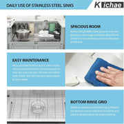 Kichae 32 x 19 Undermount Kitchen Sink 16 Gauge Stainless Steel Workstation Single Bowl Kichae USA