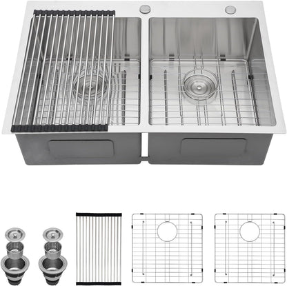 Kichae 33 Inch Drop in Kitchen Sink - 33in x22in  Topmount Sink 16 Gaugle Stainless Steel Double Bowl 50/50 Handmade Kitchen Sink