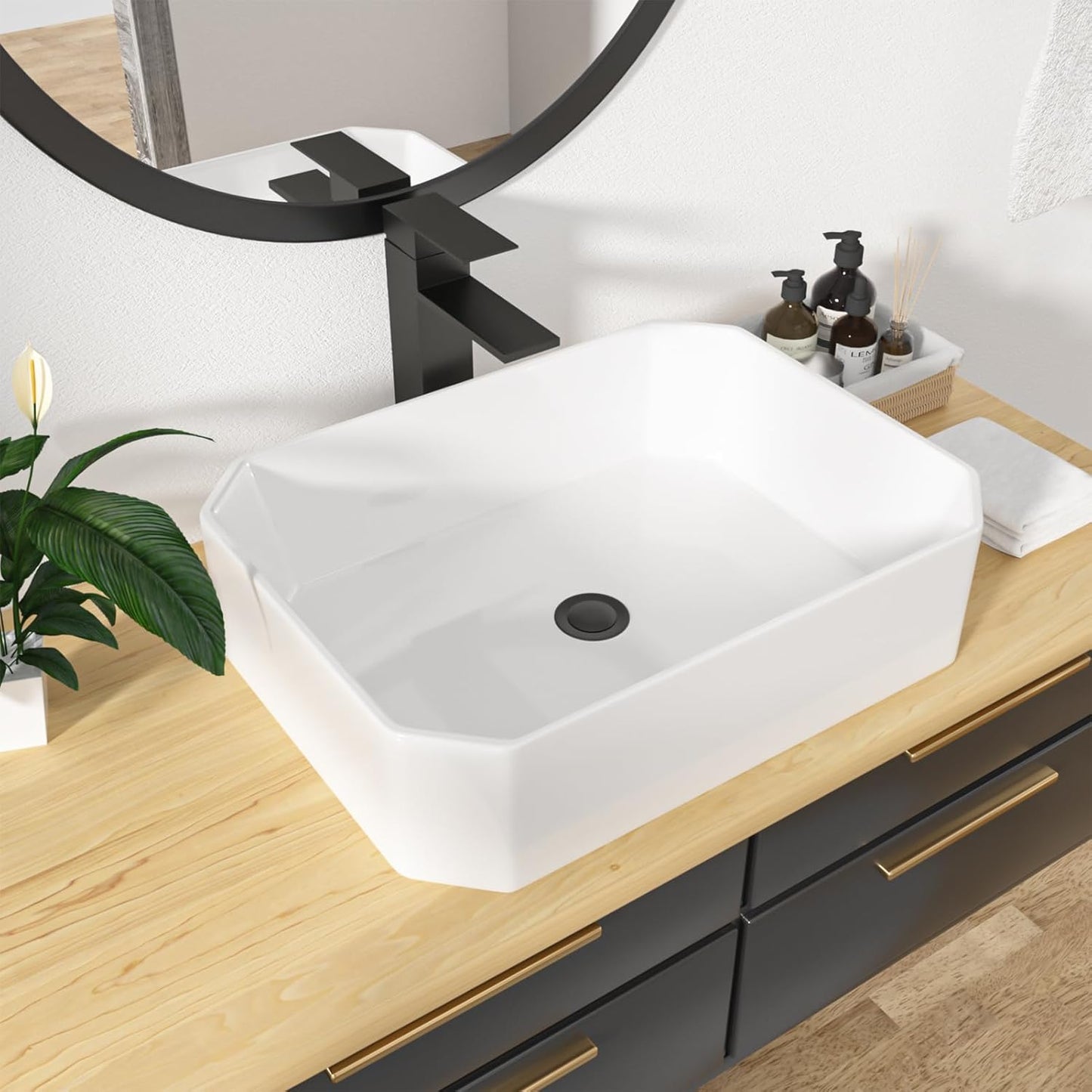 Kichae 19in x14in  Rectangle Bathroom Vessel Sink Porcelain Ceramic White Vanity Sink Above Counter Modern Sink for Cabinet, Lavatory, Hotel Art Basin, Home Washing Basin