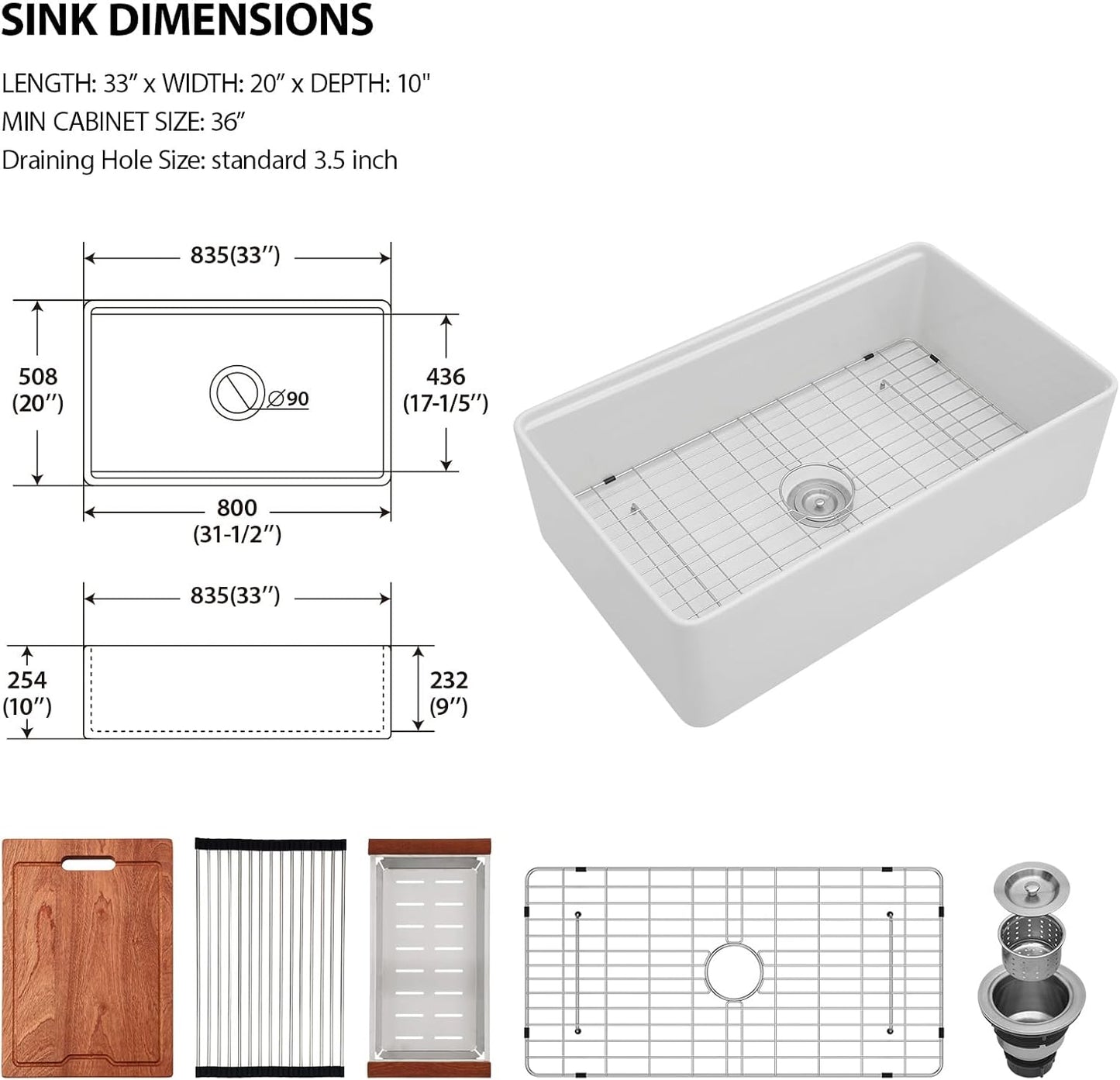 Kichae 33 White Farmhouse Sink Workstation Porcelain Farm Kitchen Sinks Apron Front White Single Bowl Basin 33x20x10 Inch Large Bowl Sink  from Kichae