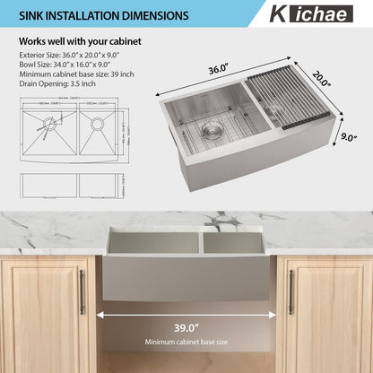 Kichae 36 Double Farmhouse Sink - 36 Inch Kitchen Sink Double Bowl 60/40 Stainless Steel Apron Front Farm Kitchen Sink Farmer Sink