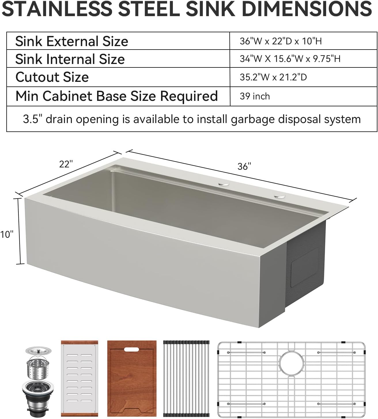 Kichae 36 Drop In Farmhouse Sink 36 inch Farmhouse workstation Kitchen Sink Drop-in Topmount Apron Front 16 Gauge Stainless Steel Deep Single Bowl Ledge Workstation Kitchen Sink  from Kichae