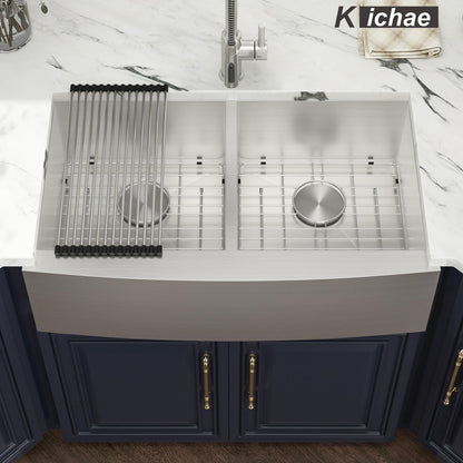 Kichae 36 Apron Double Farmhouse Sink - 36 Inch Apon Front Kitchen Farm Sink Stainless Steel Double Bowl 50/50 Modern Handmade Farmhouse Sink Basin