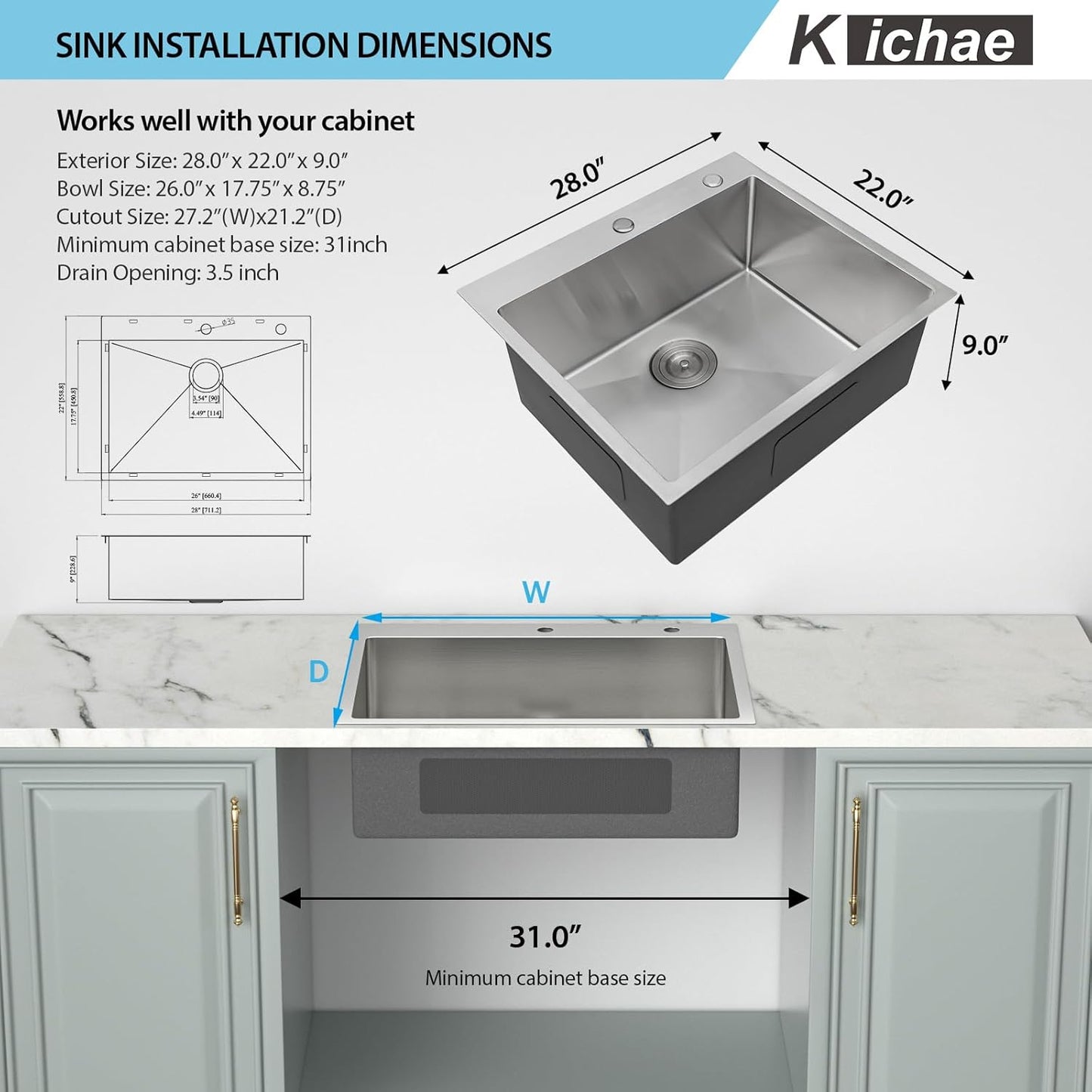 Kichae 28 Drop in Kitchen Sink - 28x22 Inch Kitchen Sink Drop in 18 Gauge Stainless Steel Single Bowl Handmade Topmount Kitchen Sink Basin with Drain Strainer