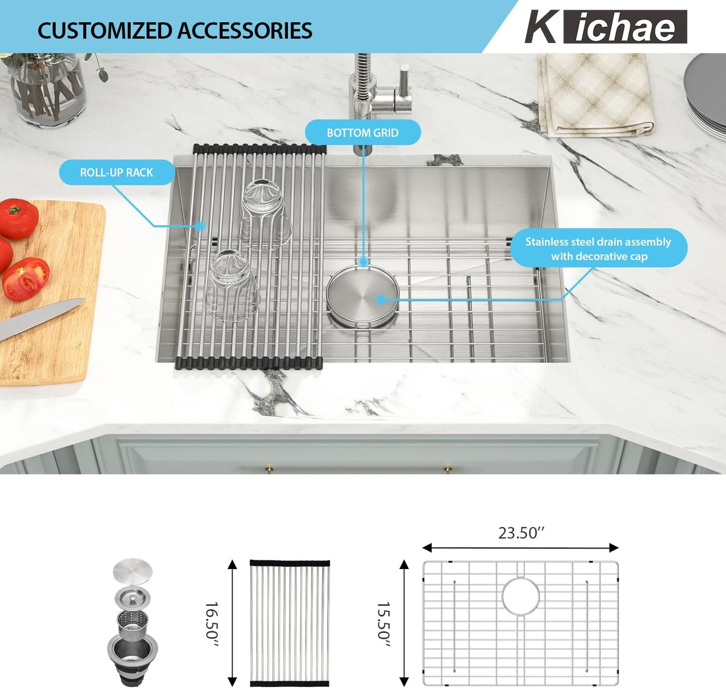 26 Inch Undermount Kitchen Sink, Kichae Undermount Single Bowl Stainless Steel Kitchen Sink 26in  Under Mount Round Corner Kitchen Sinks Deep Basin 26x18x9 Inch