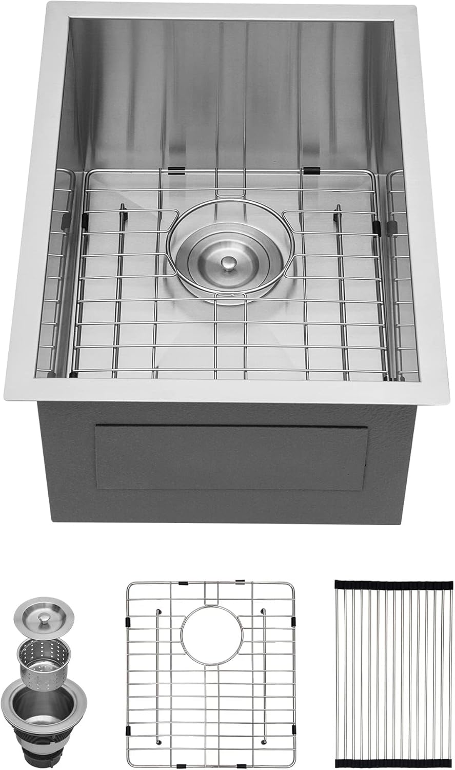 Kichae 15 Inch Undermount Bar Sink - 15x20 Inch Bar Prep Sink Undermount Single Bowl 16 Gauge Stainless Steel Sink Round Corner Handmade Sink