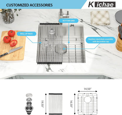 Kichae Undermount Bar Sink 17in x19in  Undermount Stainless Steel Small Bar Sink Deep Single Bowl Kitchen Sink RV Sink 16 Gauge Round Corner Handmade Sink Basin