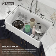 Kichae 36'' x 20'' White Reversible Fireclay Farmhouse Sink Flat & Fluted Apron Front Single Bowl Undermount Kitchen Sink with Accessories Kichae USA
