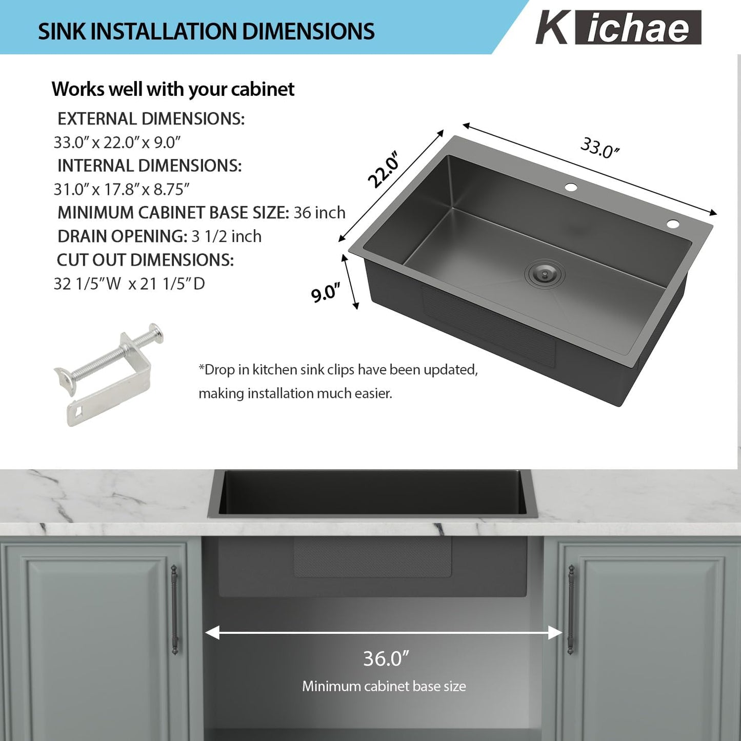 Kichae 33 Inch Black Kitchen Sink Drop In- 33x22 Gunmetal Black Stainless Steel Drop In Kitchen Sink Topmount 16 Gauge Deep Single Bowl Kitchen Sink Basin Handmade Round Corner