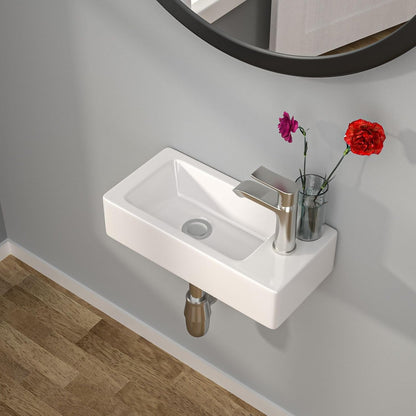 Kichae Small Bathroom Sink Wall Mounted - Wall Mounted Bathroom Sink Rectangle 15in  x 7in  Tiny White Ceramic Wash Basin with Faucet Hole Right Hand