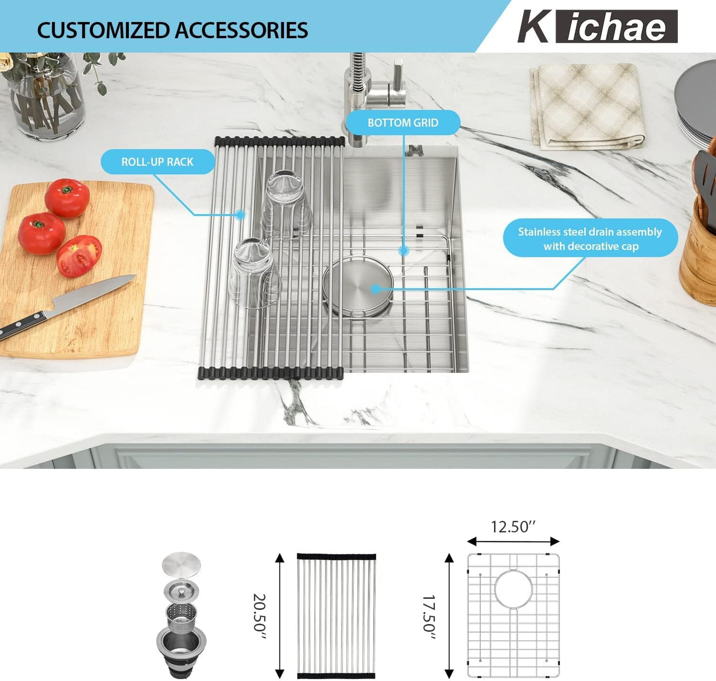 Kichae 15 Inch Undermount Bar Sink - 15x20 Inch Bar Prep Sink Undermount Single Bowl 16 Gauge Stainless Steel Sink Round Corner Handmade Sink