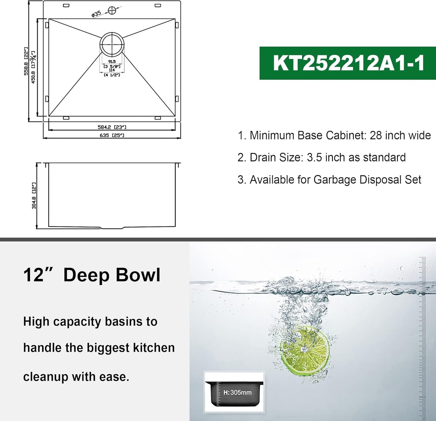 Kichae 25 Inch Laundry Sink - 25x22 Kitchen Sink Drop In Utility Sink 12in  Deep Sink Topmount Single Bowl Stainless Steel RV Laundry Sink Handmade with Accessories