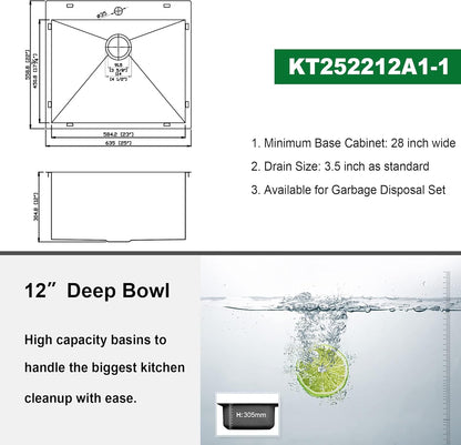 Kichae 25 Inch Laundry Sink - 25x22 Kitchen Sink Drop In Utility Sink 12in  Deep Sink Topmount Single Bowl Stainless Steel RV Laundry Sink Handmade with Accessories