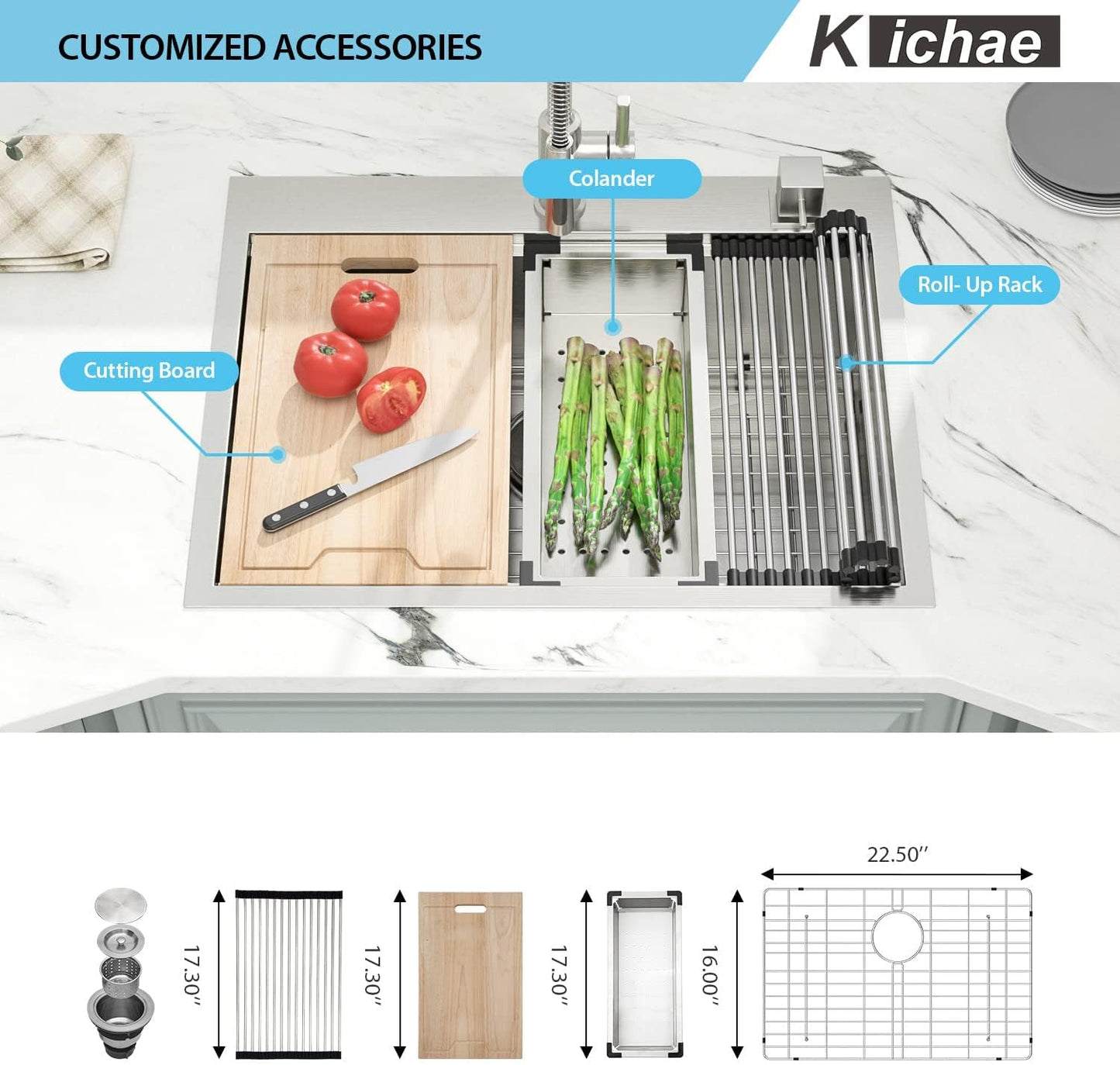 Kichae 25 Inch Drop In Kitchen Sink Workstation - 25in  x 22in  Drop-In Kitchen Sink 16 Gauge Stainless Steel Single Bowl Ledge Workstation 25 Inch Handmade Sink