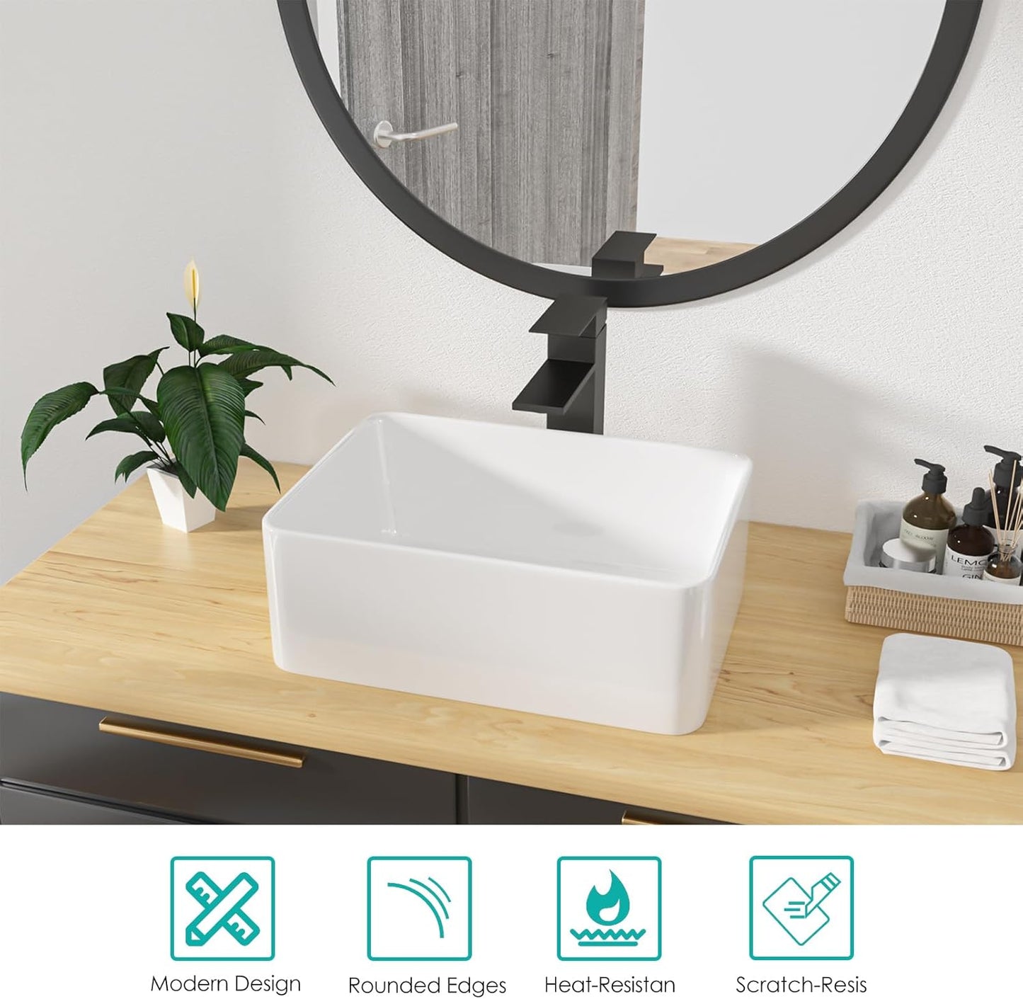 Kichae Rectangular Vessel Sink - 18in  x 13in  Modern Bathroom Vessel Sink White Porcelain Ceramic Rectangle Above Counter Vessel Vanity Sink Art Basin