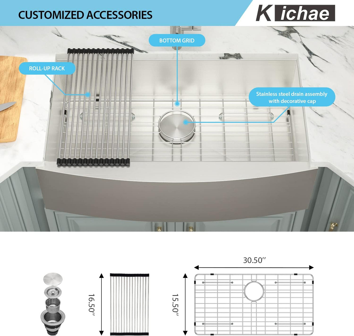 Kichae 33 Inch Farmhouse Kitchen Sink Apron Front Stainless Steel 16 Gauge Single Bowl Farm Kitchen Sinks Deep Bowl Farmer Kitchen Sinks Farm Style Handmade Sink