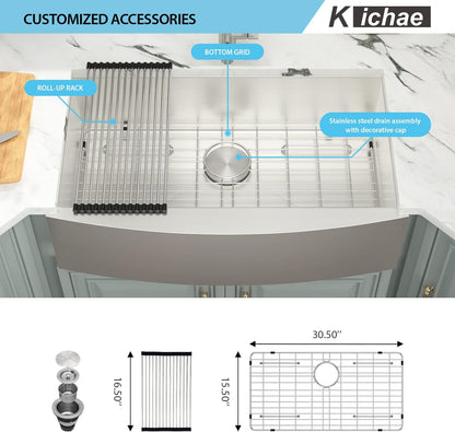 Kichae 33 Inch Farmhouse Kitchen Sink Apron Front Stainless Steel 16 Gauge Single Bowl Farm Kitchen Sinks Deep Bowl Farmer Kitchen Sinks Farm Style Handmade Sink