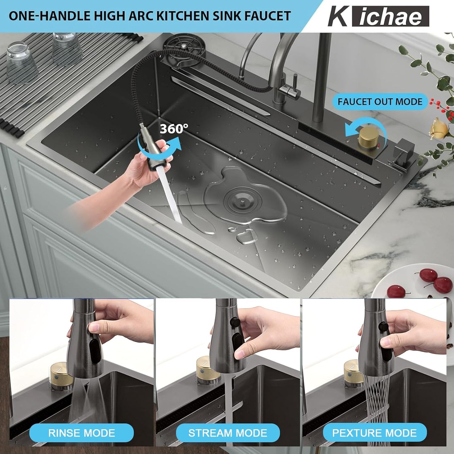 Kichae 33 Black Kitchen Sink Drop In Waterfall - 33x22 Drop Sink Stainless Steel 16G Single Bowl Waterfall Kitchen Sink Workstation Handmade with Faucet & Glass Rinser