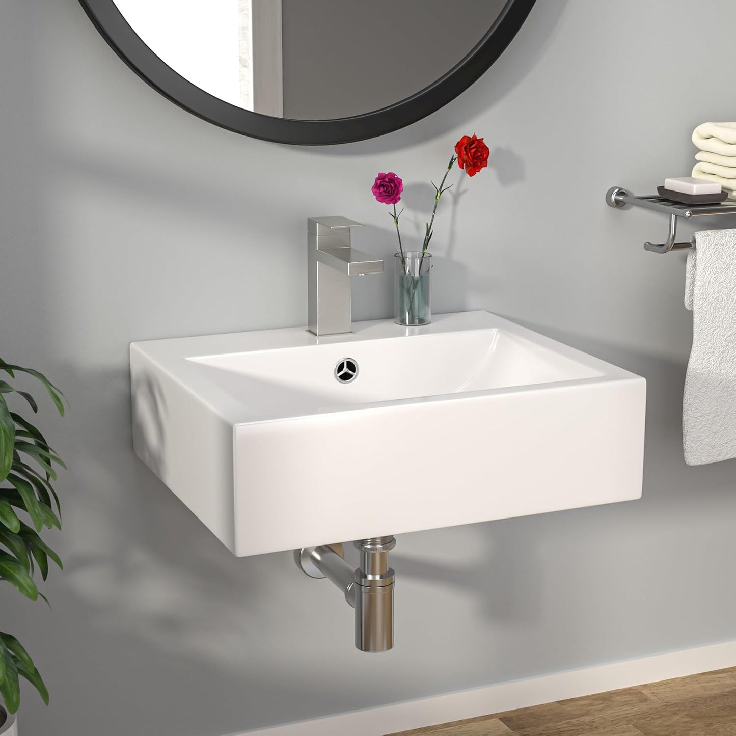 Kichae Wall Mount Vessel Sink - 21in  x 16in  Rectangle Wall Mounted Bathroom Sink White Wall Hung Porcelain Sink With Overflow Ceramic Basin Floating Lavatory Sink