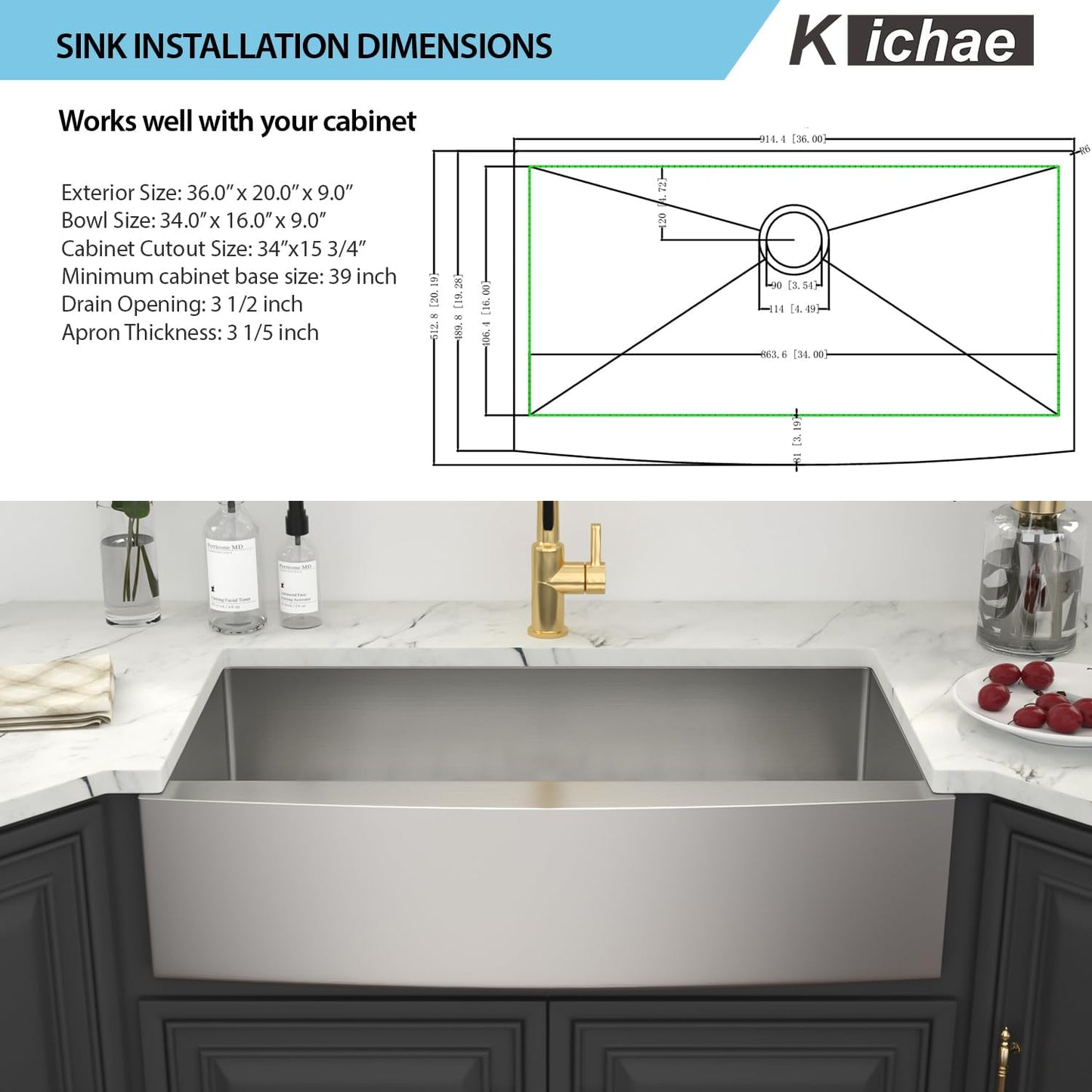 Kichae 36 Farmhouse Kitchen Sink 36 Inch Apron Front Sink Farm Kitchen Sink Stainless Steel 16 Gauge Single Bowl Farm Style Kitchen Sink Basin