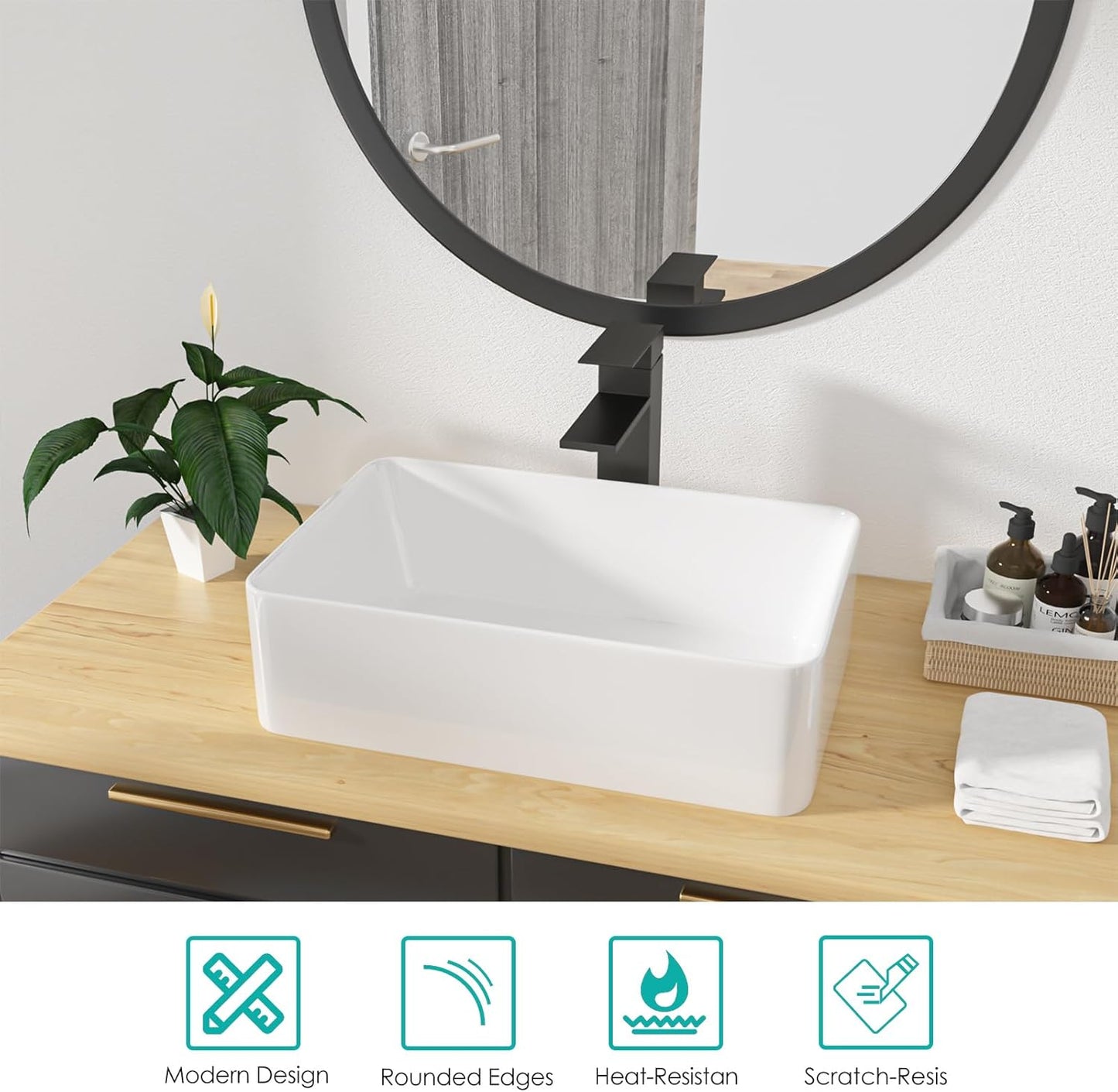 Kichae Rectangular Vessel Sink - 21in  x 13in  Modern Bathroom Vessel Sink White Porcelain Ceramic Rectangle Above Counter Vessel Vanity Sink Art Basin