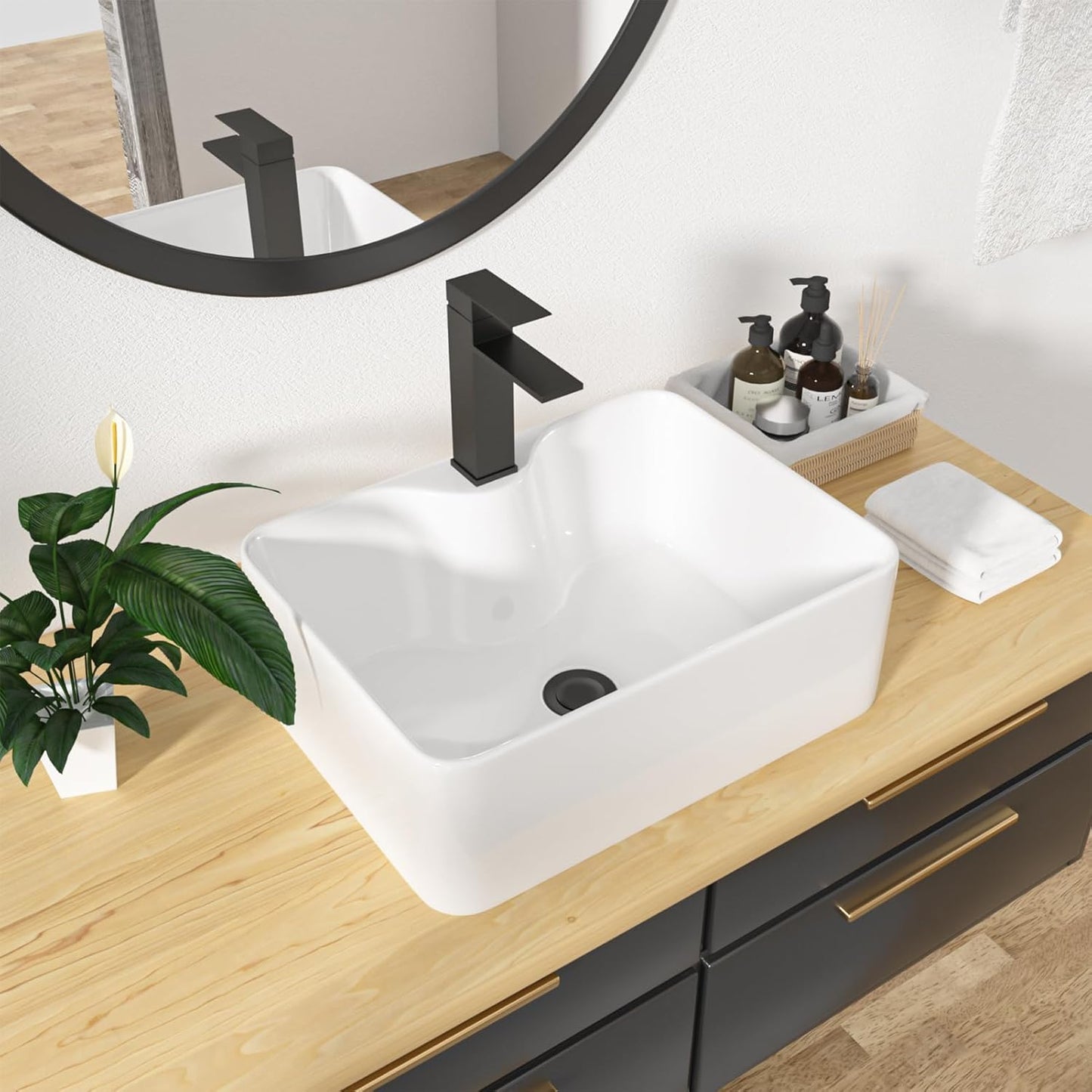 Kichae 16in x12in  Rectangle Bathroom Vessel Sink Porcelain Ceramic White Vanity Sink Above Counter Modern Sink with Faucet Hole for Lavatory, Hotel Art Basin, Home Washing Basin