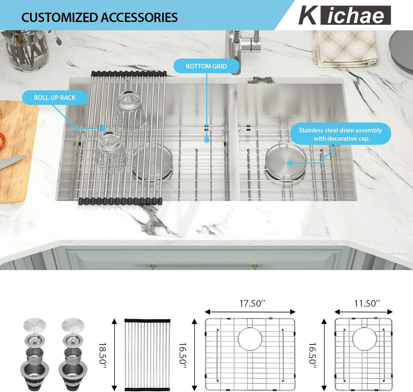 Kichae Double Bowl Kitchen Sink Undermount 33 Inch Stainless Steel Sink 60/40 Double Basin 33x19 Inch Kitchen Sink 18 Gaugle Undermount Kitchen Sink Basin