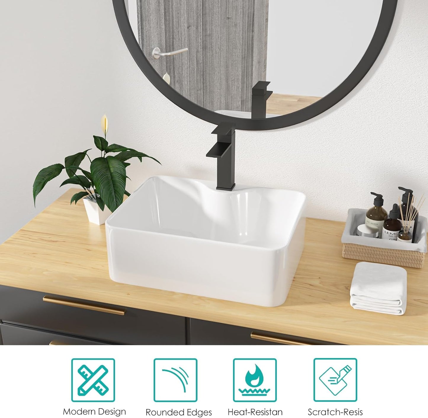 Kichae 16in x12in  Rectangle Bathroom Vessel Sink Porcelain Ceramic White Vanity Sink Above Counter Modern Sink with Faucet Hole for Lavatory, Hotel Art Basin, Home Washing Basin