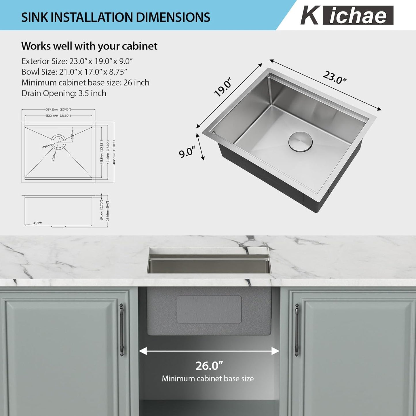 Kichae 23 Undermout Bar Sink - 23x19 Inch Kitchen Sink Undermount Ledge Workstation Single Bowl Under Counter Kitchen Bar Prep RV Sink Handmade Basin