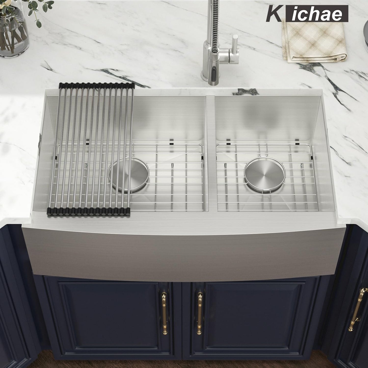 Kichae 36 Double Farmhouse Sink - 36 Inch Kitchen Sink Double Bowl 60/40 Stainless Steel Apron Front Farm Kitchen Sink Farmer Sink