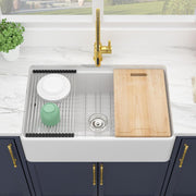 Kichae 33''x20'' White Fireclay Workstation Farmhouse Kitchen Sink Apron Front Single Bowl with Slide Ledge Prep Accessories Kichae USA