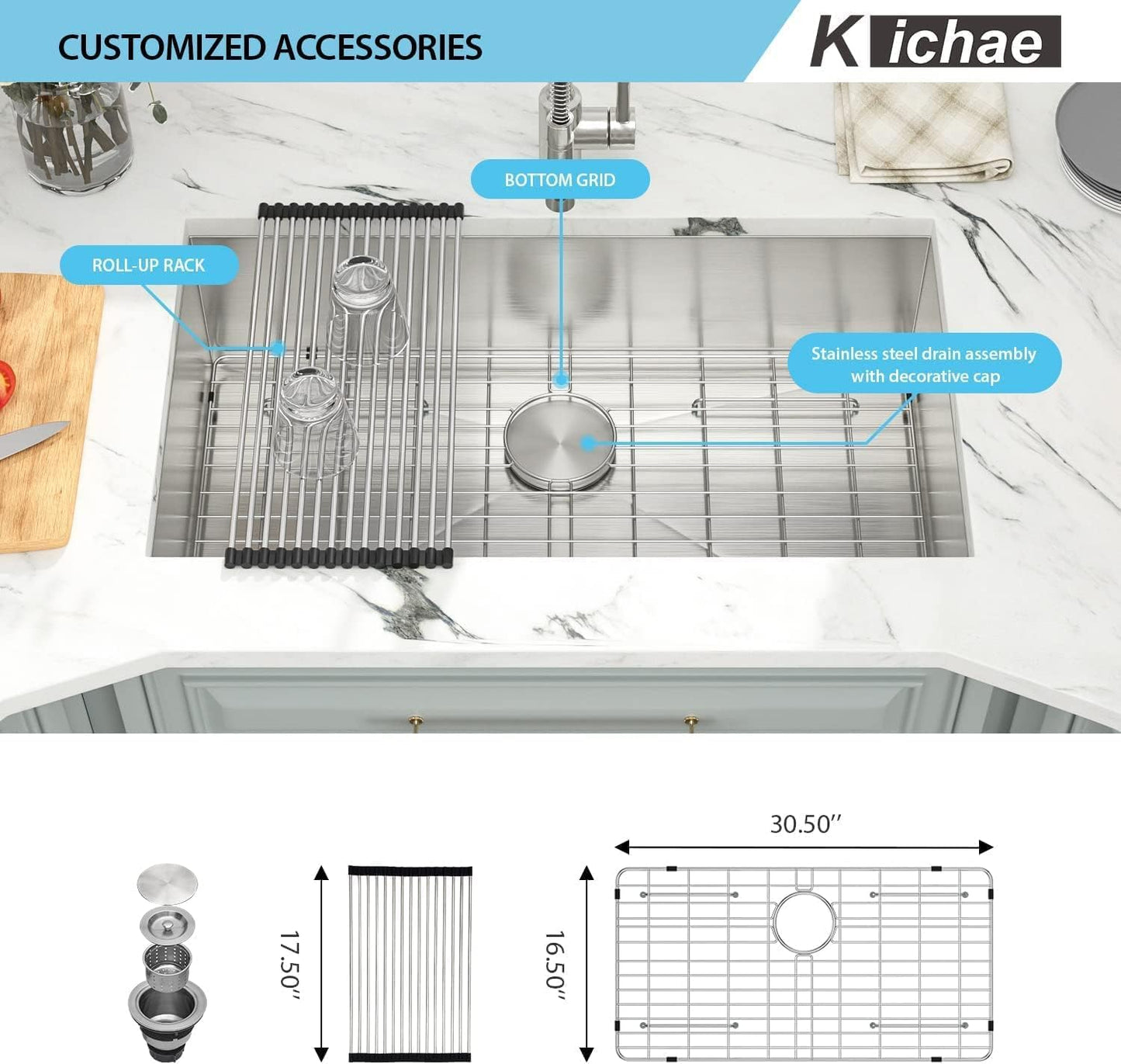 Kichae 33 Inch Undermount Kitchen Sink Single Bowl Stainless Steel Kitchen Sink 33in  Under Mount 18 Gauge Round Corner Kitchen Sinks Deep Basin 33x19x9 Inch