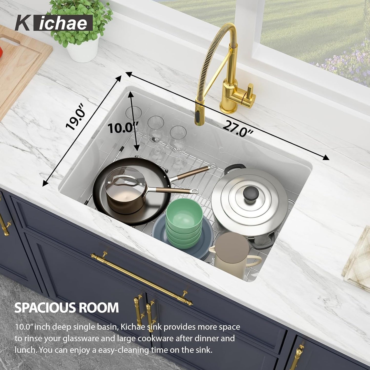 Kichae 27 Inch White Undermount Sink Fireclay 27x19 Inch White Kitchen Sink Dual Drop in & Undermount Kitchen Sink Single Bowl Deep Porcelain Ceramic Sink