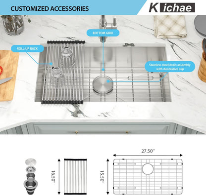 Kichae 30 Inch Undermount Kitchen Sink Single Bowl 18 Gauge Stainless Steel Under Counter Round Corner Handmade Kitchen Sink Single Basin,30x18x9 Inch