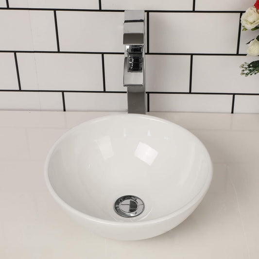 Kichae Round Bathroom Vessel Sink - 13x13 Modern Round Above Counter White Porcelain Ceramic Vessel Vanity Sink Art Basin