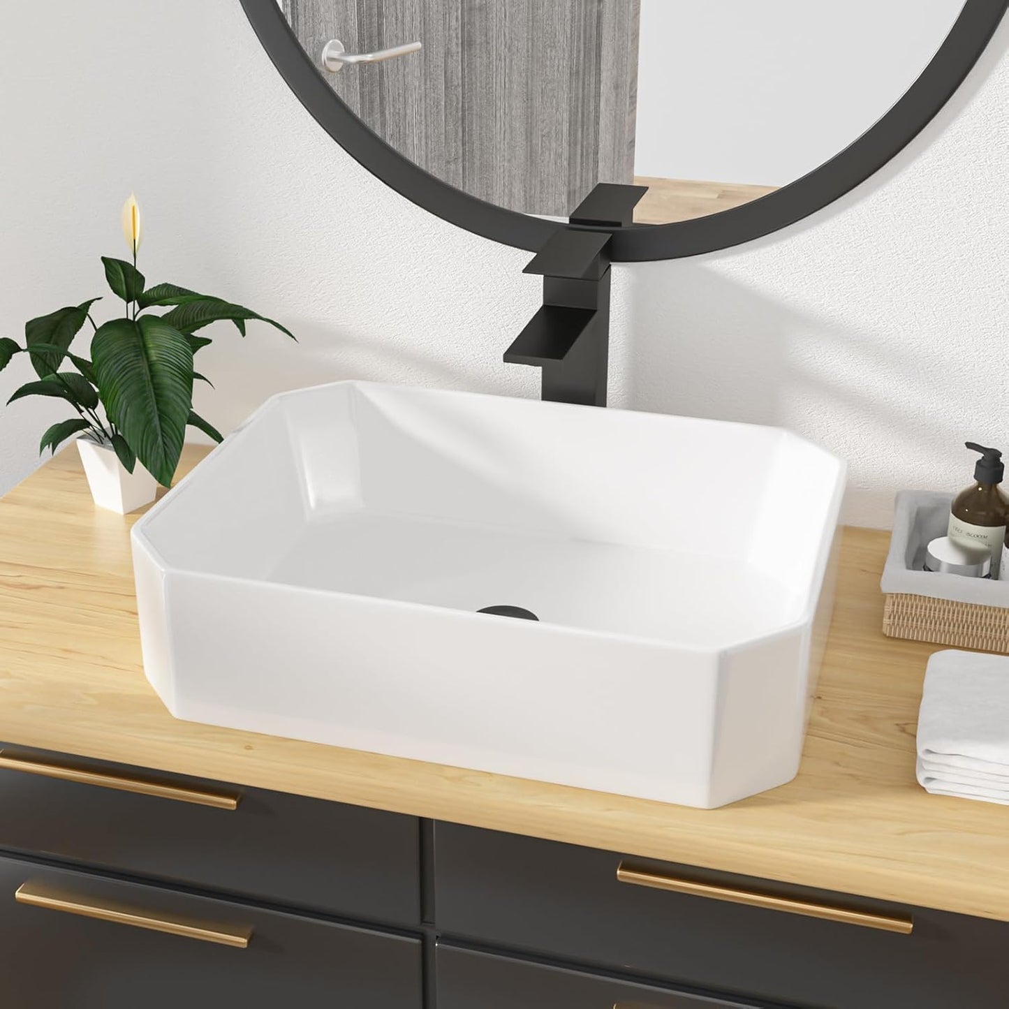 Kichae 19in x14in  Rectangle Bathroom Vessel Sink Porcelain Ceramic White Vanity Sink Above Counter Modern Sink for Cabinet, Lavatory, Hotel Art Basin, Home Washing Basin