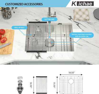 Kichae 21 Inch Kitchen Bar Sink Undermount Single Bowl Stainless Steel 16 Gauge Handmade Modern Under Counter Handmade Wet Bar RV Kitchen Sink with Drain Strainer