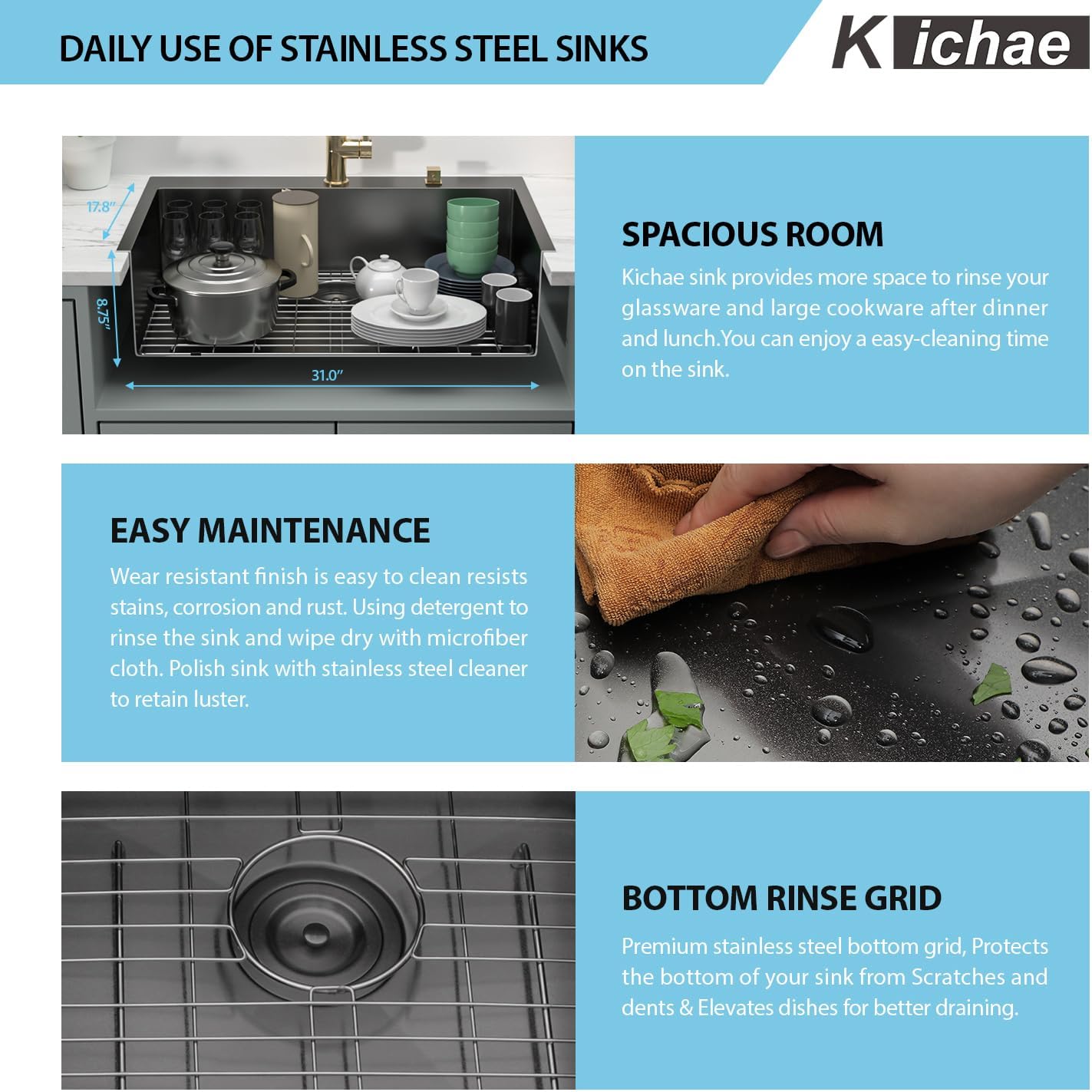 Kichae 33 Inch Black Kitchen Sink Drop In- 33x22 Gunmetal Black Stainless Steel Drop In Kitchen Sink Topmount 16 Gauge Deep Single Bowl Kitchen Sink Basin Handmade Round Corner