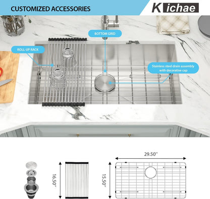 Kichae 32 Inch Undermoun Kitchen Sink Single Bowl Stainless Steel Undermount 18 Gauge Round Corner Handmade Modern Rectangular Under Counter Kitchen Sinks