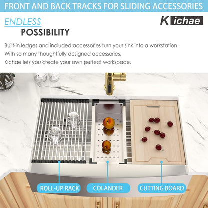 Kichae 36 Inch Farmhouse Kitchen Sink Ledge Workstation Apron Front Sink Farmer Sink Stainless Steel Single Bowl Handmade Modern Farm Style Sink with Accessories