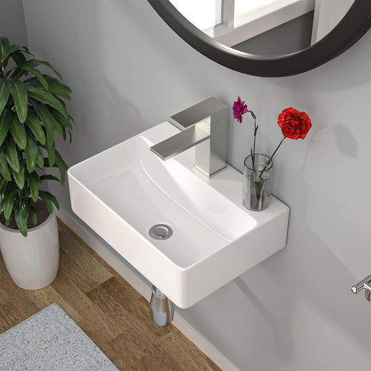 Kichae Floating Bathroom Sink Wall Mounted - Rectangle Vessel Sink 14in  x 10in  Small Modern Bathroom Wall Hung Sink White Porcelain Ceramic Vessel Vanity Sink with Faucet Hole