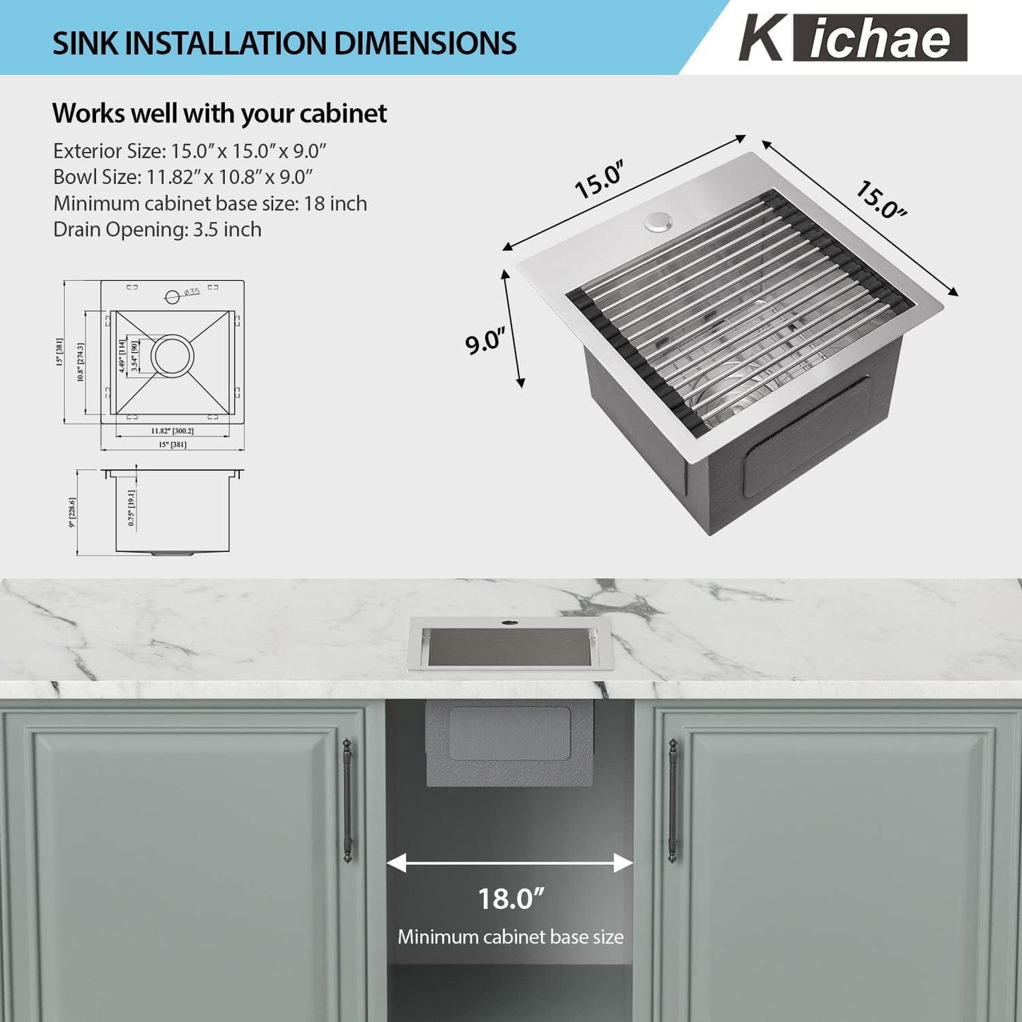 Kichae Drop In Kitchen Sink Bar Sink- 15x15 Drop Kitchen Sink Topmount Stainless Steel Single Bowl Ledge Workstation Bar Prep Sink Handmade Basin